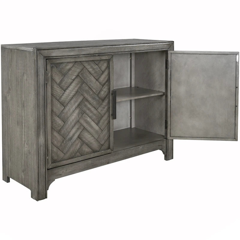 Buffet bas accentué à double porte à chevrons et étagères réglables, style antique