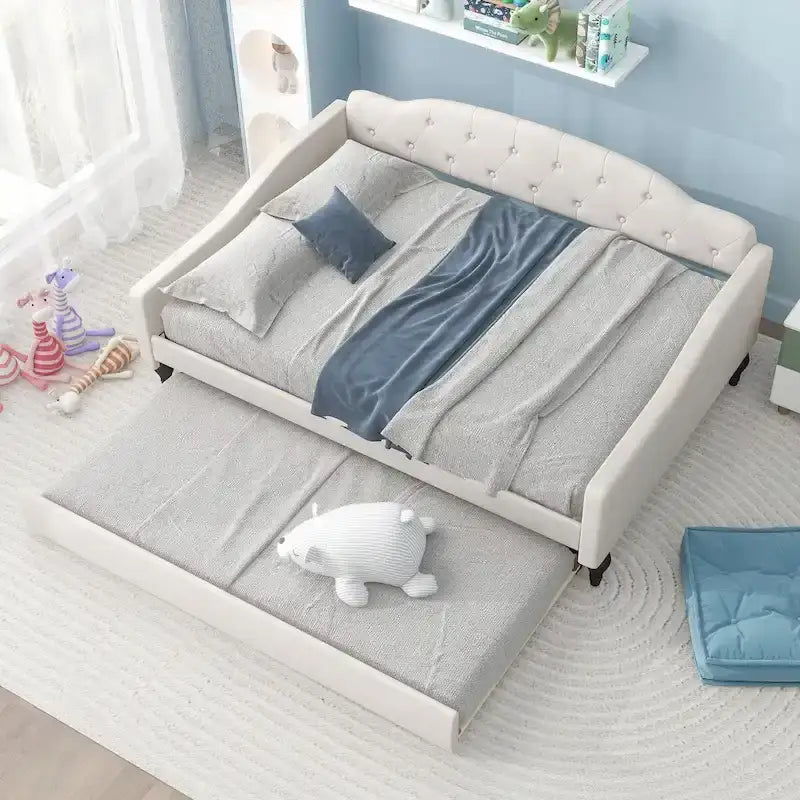 Lit de repos double capitonné beige avec lit gigogne en lin