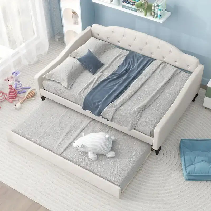 Full Size Upholstered Tufted Daybed Bed with Twin Size Trundle