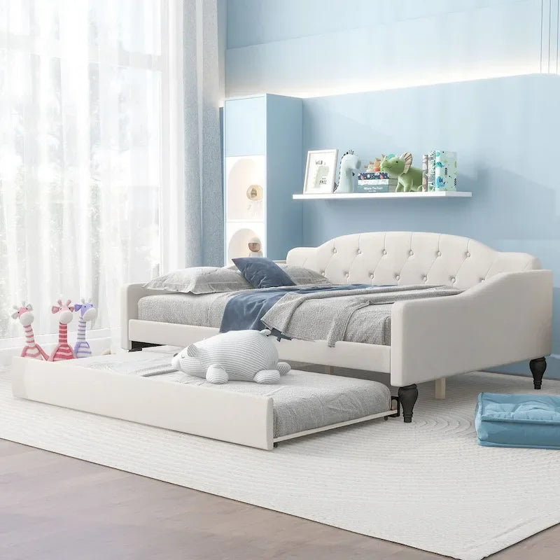 Lit de repos double capitonné beige avec lit gigogne en lin