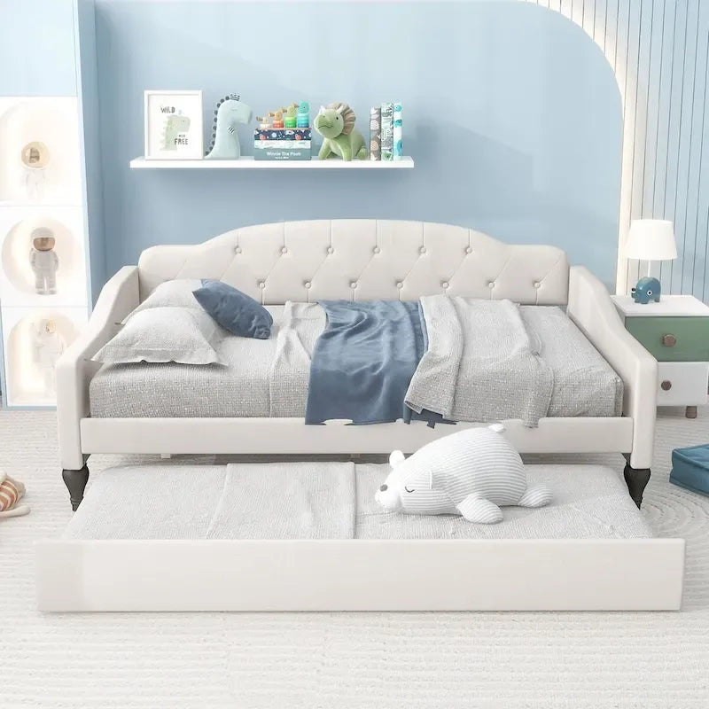 Lit de repos double capitonné beige avec lit gigogne en lin