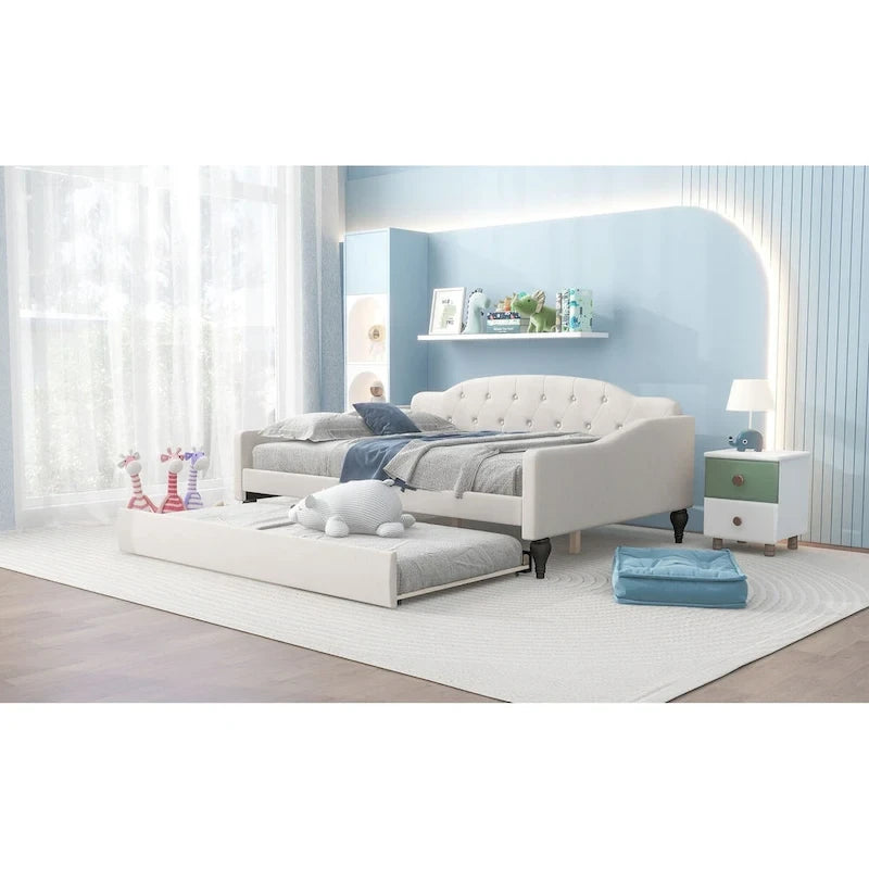 Lit de repos double capitonné beige avec lit gigogne en lin