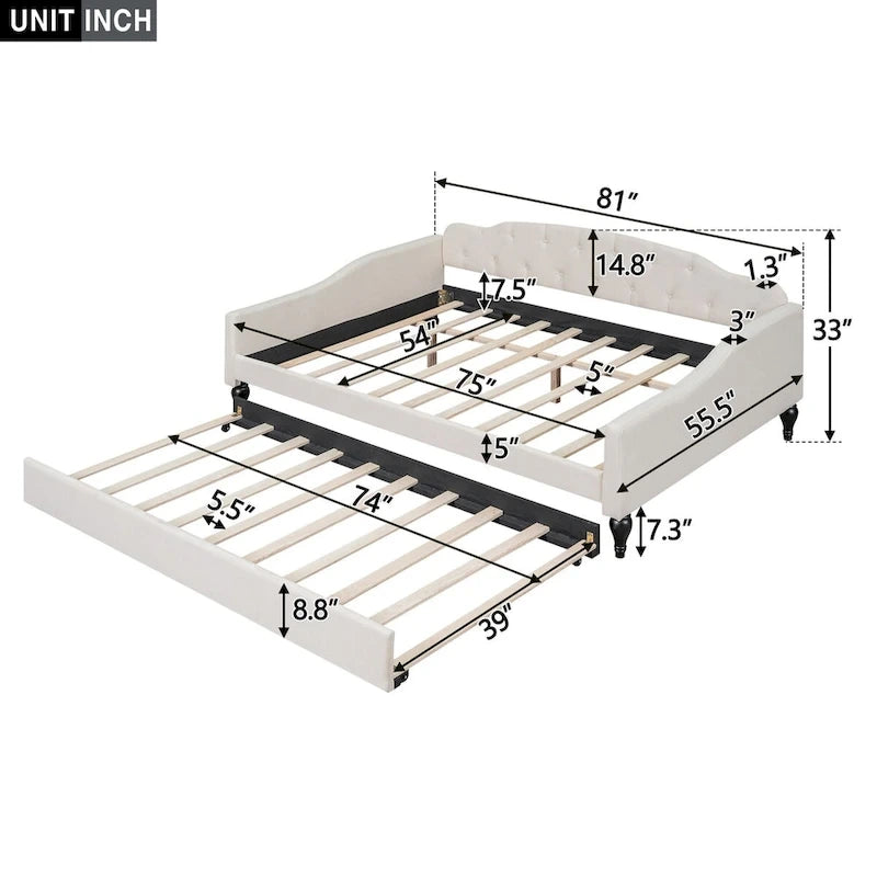 Lit de repos double capitonné beige avec lit gigogne en lin