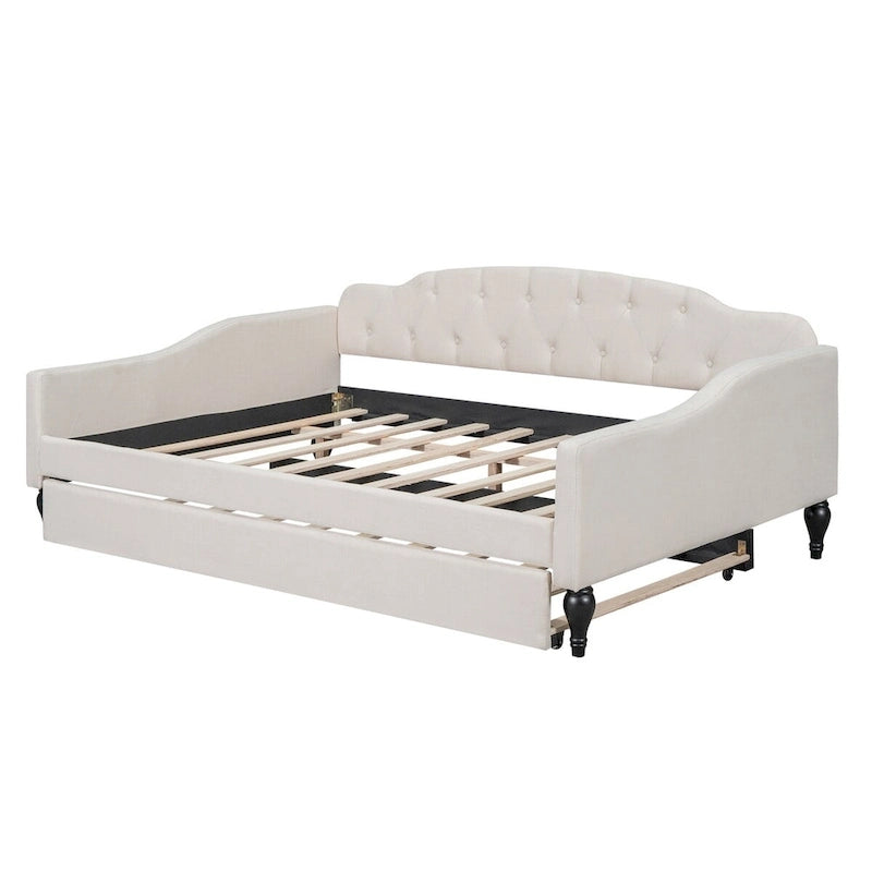 Lit de repos double capitonné beige avec lit gigogne en lin