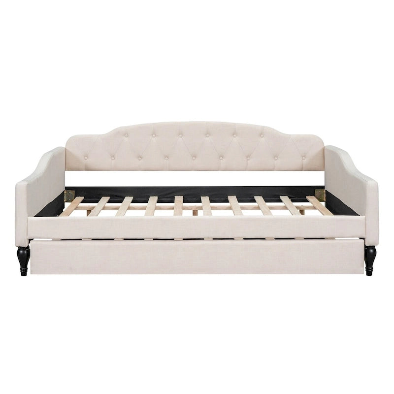 Lit de repos double capitonné beige avec lit gigogne en lin