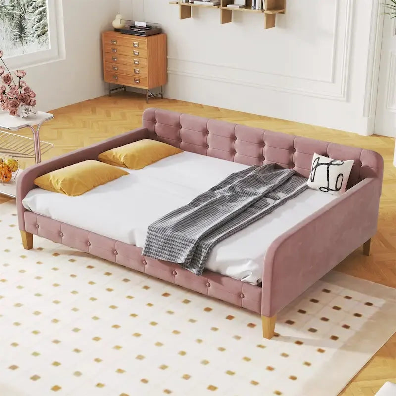 Lit de repos capitonné en velours touffeté pleine taille avec pieds en bois, rose et blanc