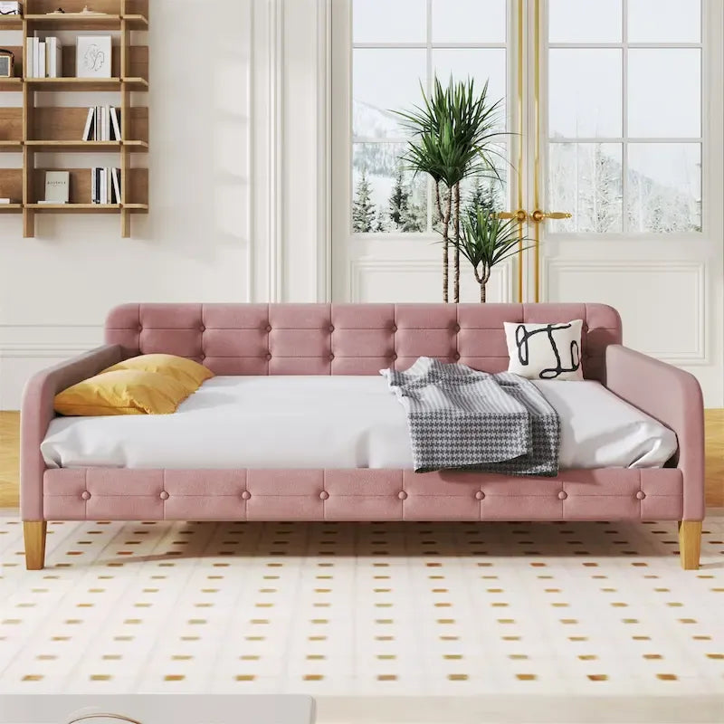 Lit de repos capitonné en velours touffeté pleine taille avec pieds en bois, rose et blanc