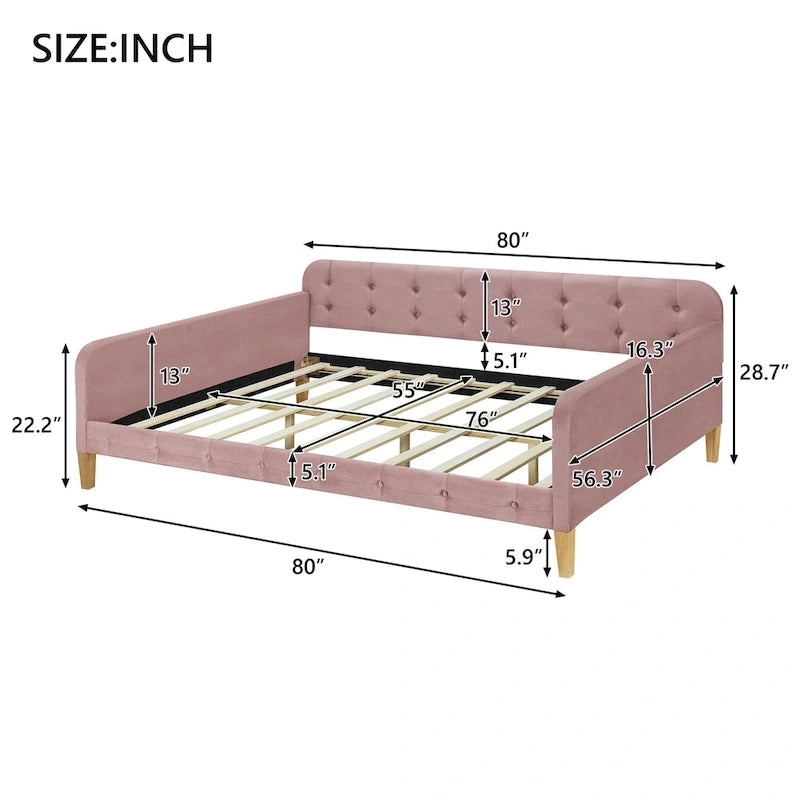 Lit de repos capitonné en velours touffeté pleine taille avec pieds en bois, rose et blanc