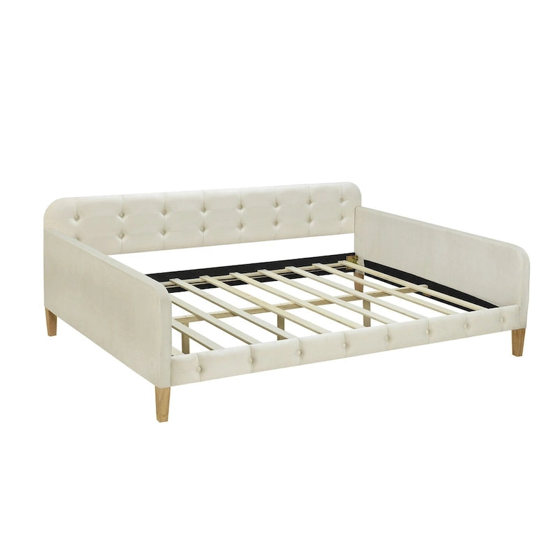 Lit de repos capitonné en velours touffeté pleine taille avec pieds en bois, rose et blanc