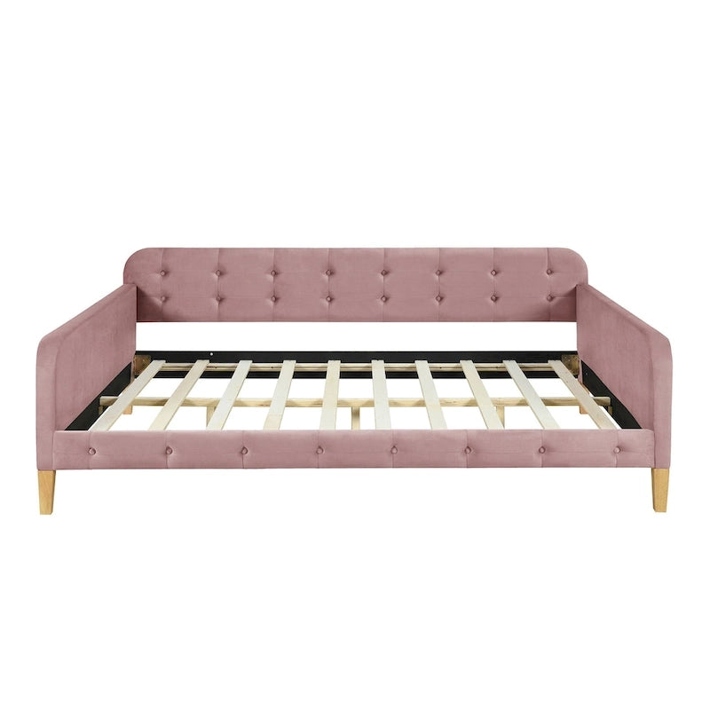 Lit de repos capitonné en velours touffeté pleine taille avec pieds en bois, rose et blanc
