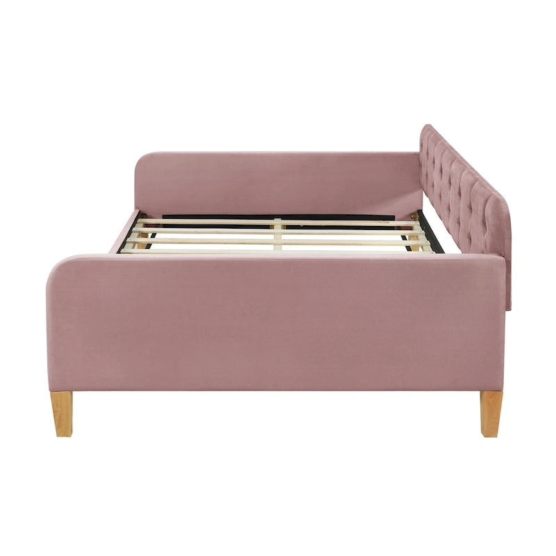 Lit de repos capitonné en velours touffeté pleine taille avec pieds en bois, rose et blanc