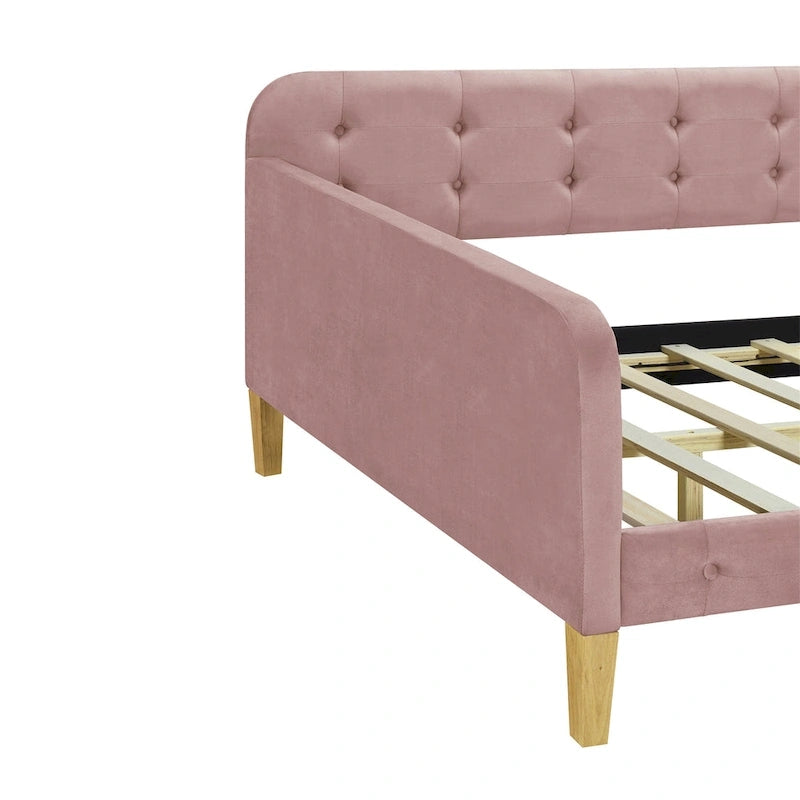 Lit de repos capitonné en velours touffeté pleine taille avec pieds en bois, rose et blanc