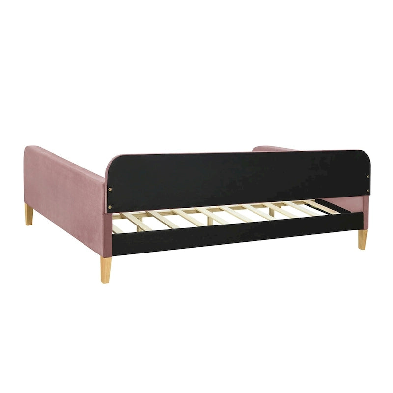 Lit de repos capitonné en velours touffeté pleine taille avec pieds en bois, rose et blanc