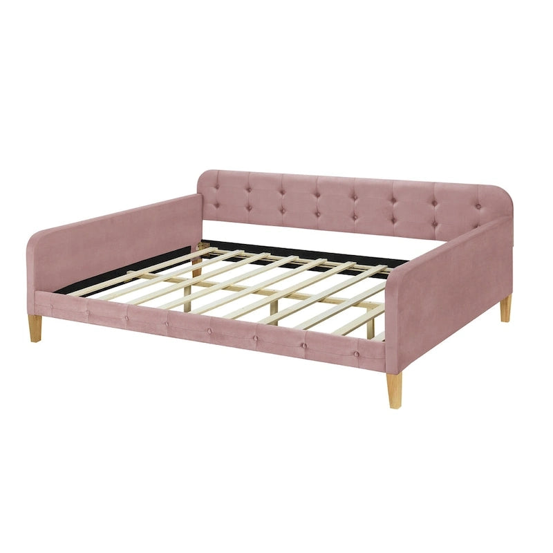 Lit de repos capitonné en velours touffeté pleine taille avec pieds en bois, rose et blanc