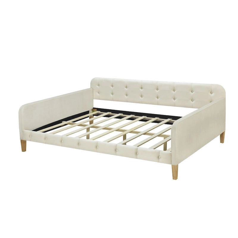 Lit de repos capitonné en velours touffeté pleine taille avec pieds en bois, rose et blanc