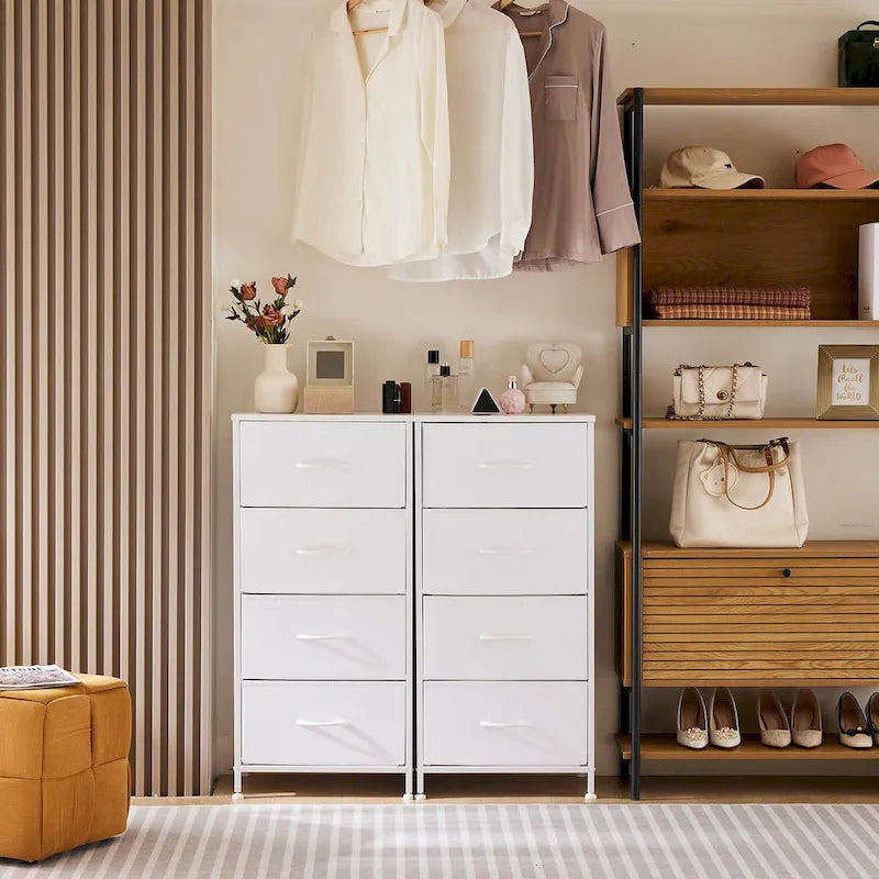 Commode à tiroirs en tissu Cadre en métal Plateau en bois Gris Blanc Marron