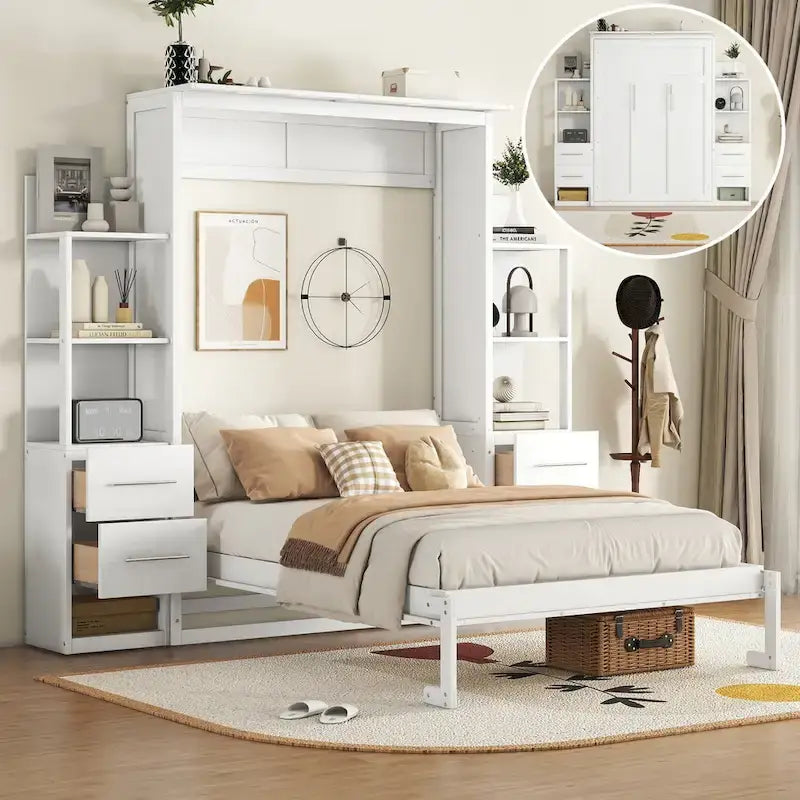Lit escamotable mural pleine grandeur avec étagères, tiroirs et éclairage DEL gris et blanc