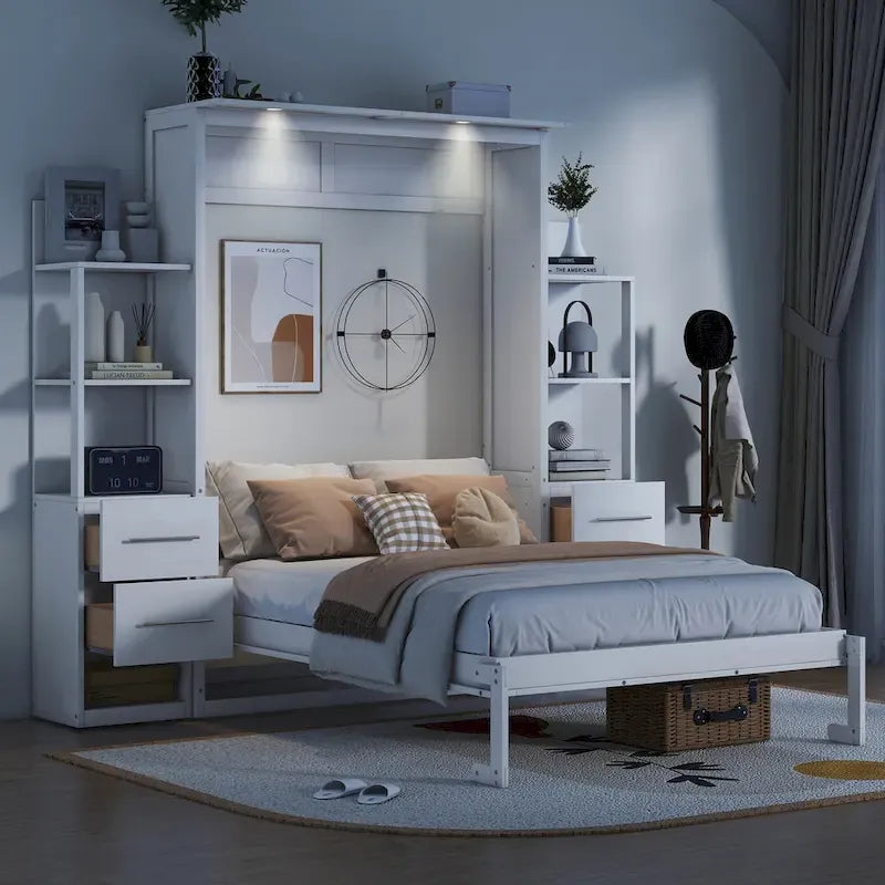 Lit escamotable mural pleine grandeur avec étagères, tiroirs et éclairage DEL gris et blanc