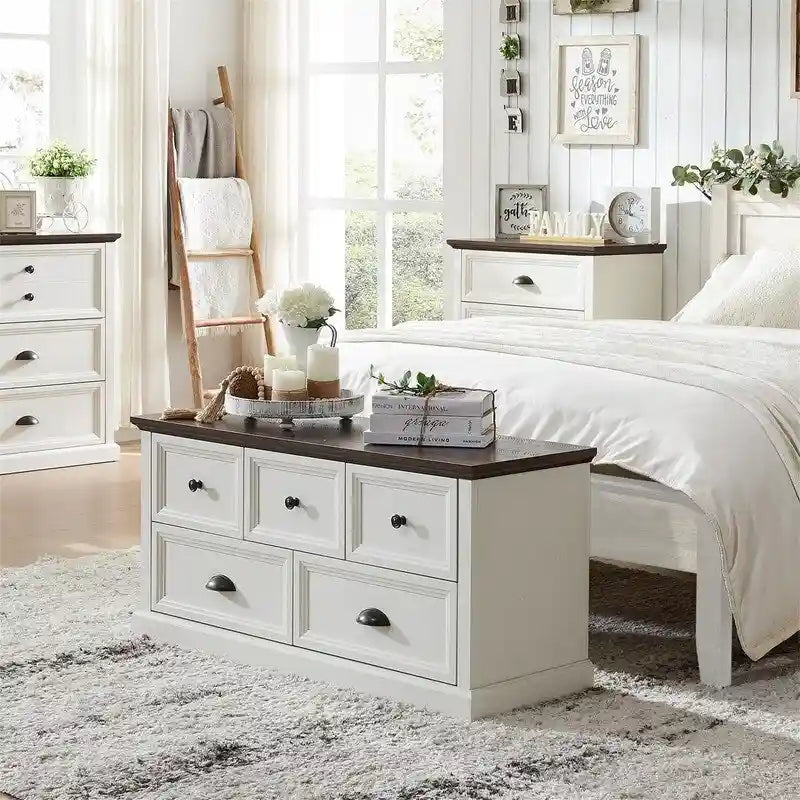 Banc de rangement 5 tiroirs de style ferme avec poignées coquilles, finition gris foncé