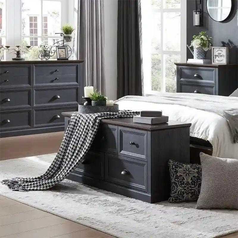 Banc de rangement 5 tiroirs de style ferme avec poignées coquilles, finition gris foncé