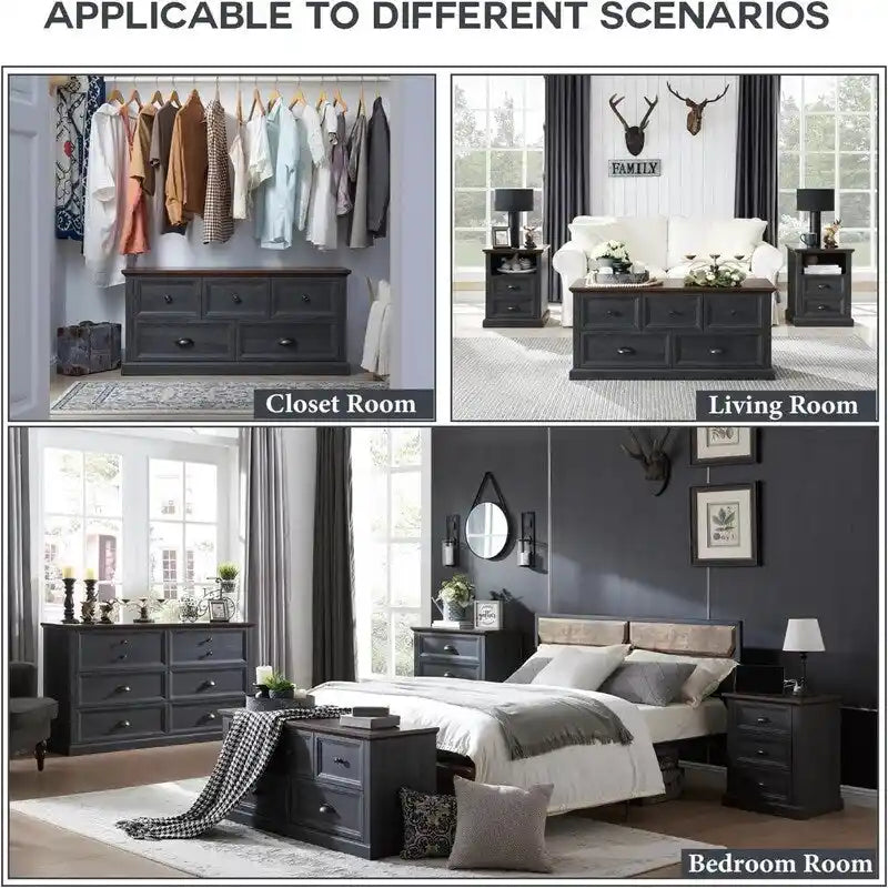 Banc de rangement 5 tiroirs de style ferme avec poignées coquilles, finition gris foncé