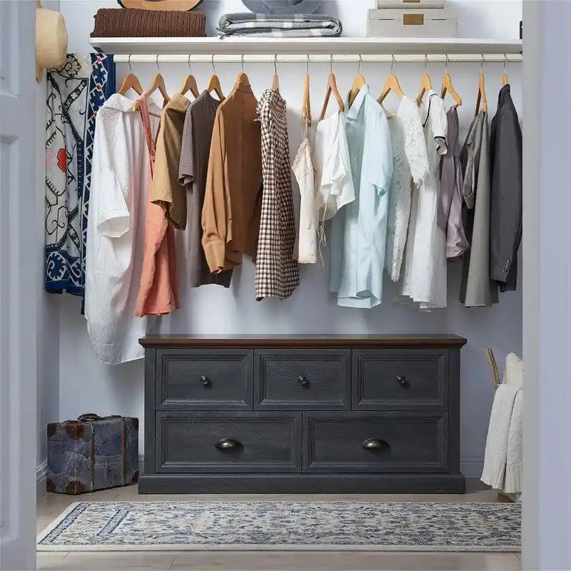 Banc de rangement 5 tiroirs de style ferme avec poignées coquilles, finition gris foncé