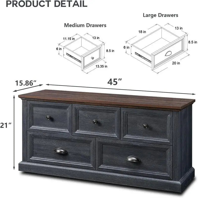Banc de rangement 5 tiroirs de style ferme avec poignées coquilles, finition gris foncé