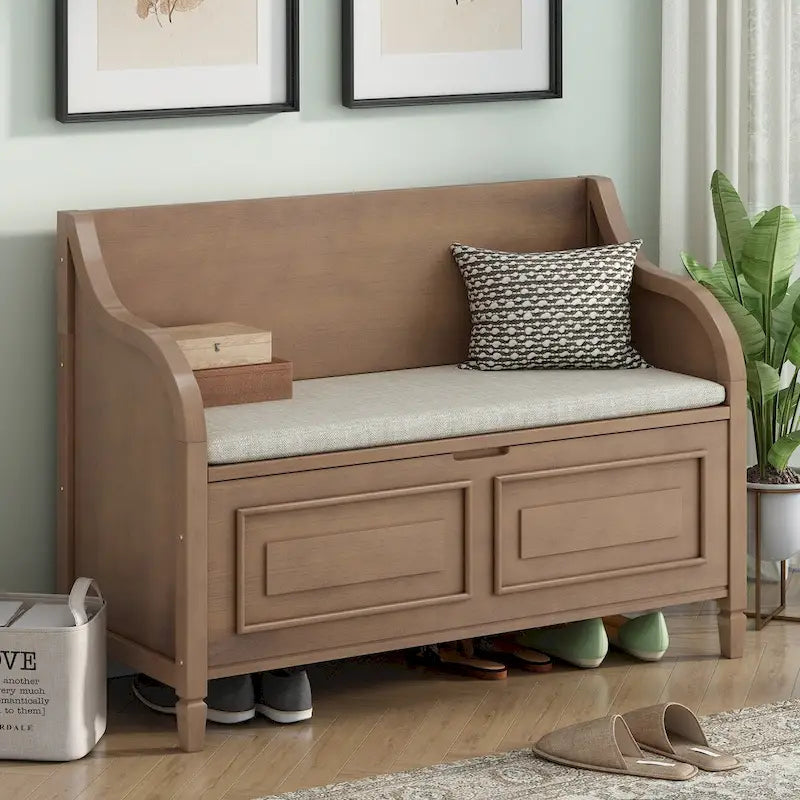 Banc de rangement d'entrée en bois style rustique avec compartiment caché et siège rembourré