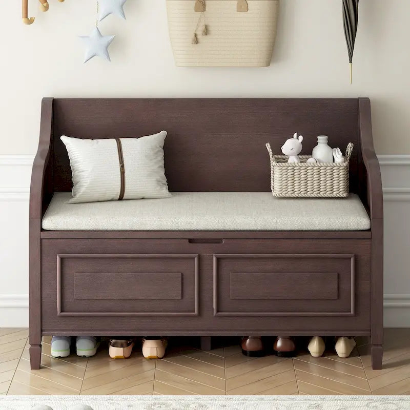 Banc de rangement d'entrée en bois style rustique avec compartiment caché et siège rembourré