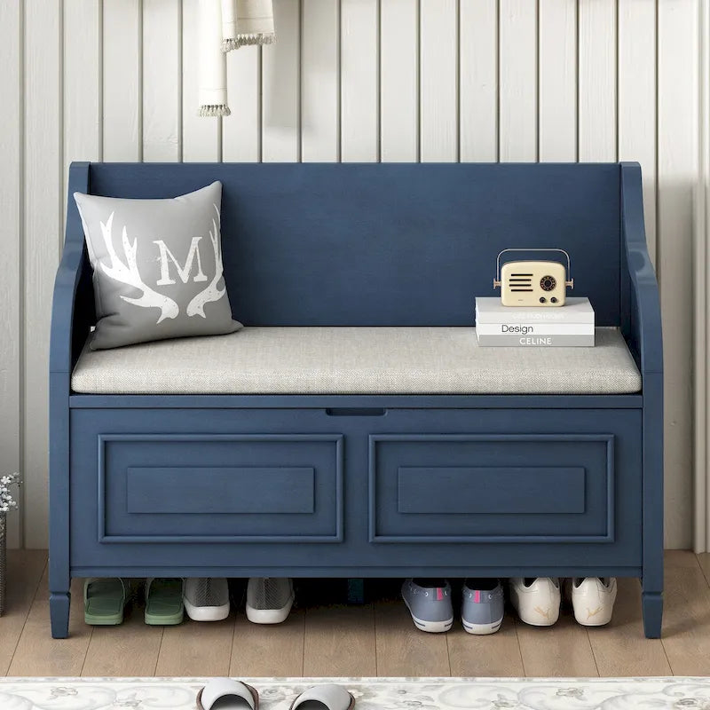 Banc de rangement d'entrée en bois style rustique avec compartiment caché et siège rembourré