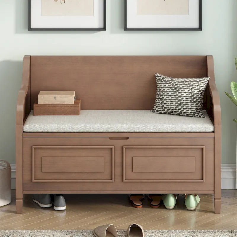 Banc de rangement d'entrée en bois style rustique avec compartiment caché et siège rembourré