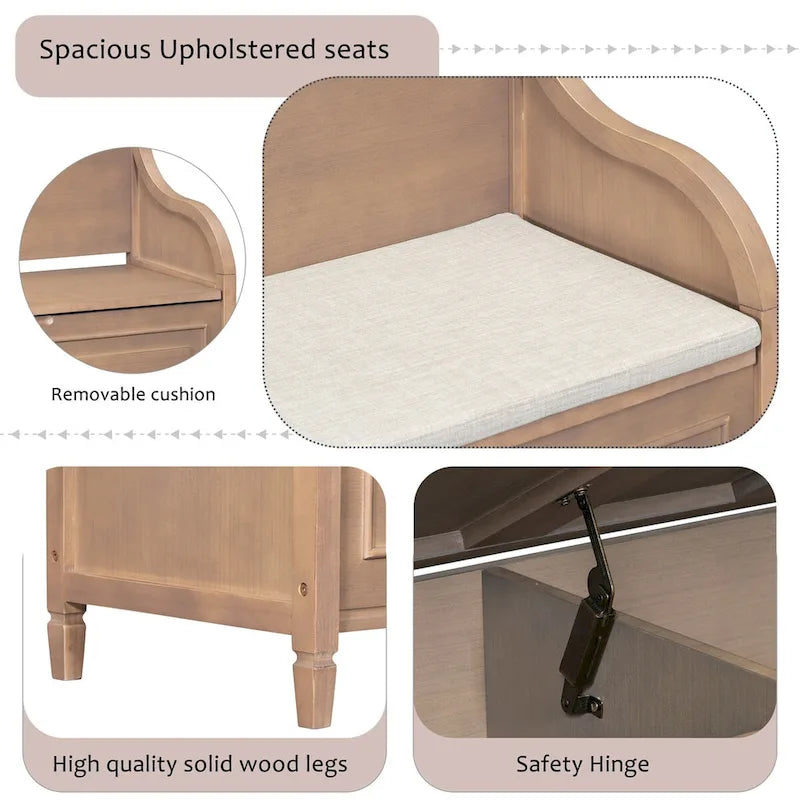 Banc de rangement d'entrée en bois style rustique avec compartiment caché et siège rembourré