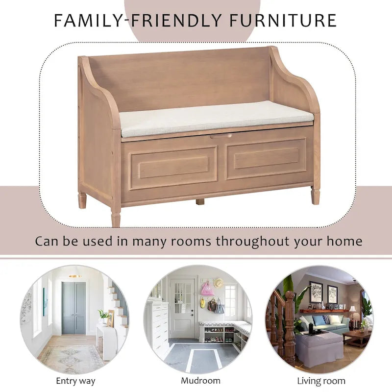 Banc de rangement d'entrée en bois style rustique avec compartiment caché et siège rembourré