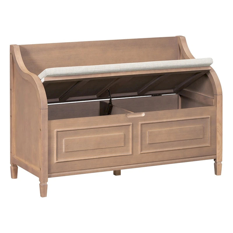 Banc de rangement d'entrée en bois style rustique avec compartiment caché et siège rembourré