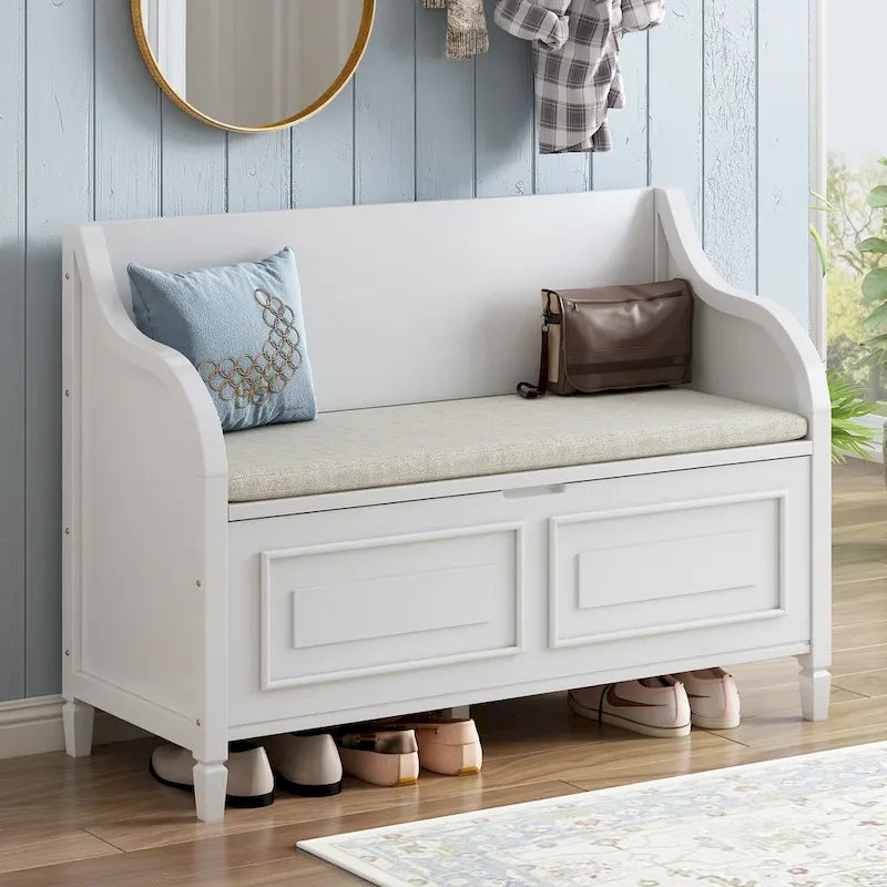 Banc de rangement d'entrée en bois style rustique avec compartiment caché et siège rembourré