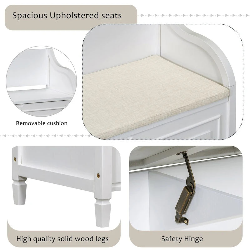 Banc de rangement d'entrée en bois style rustique avec compartiment caché et siège rembourré