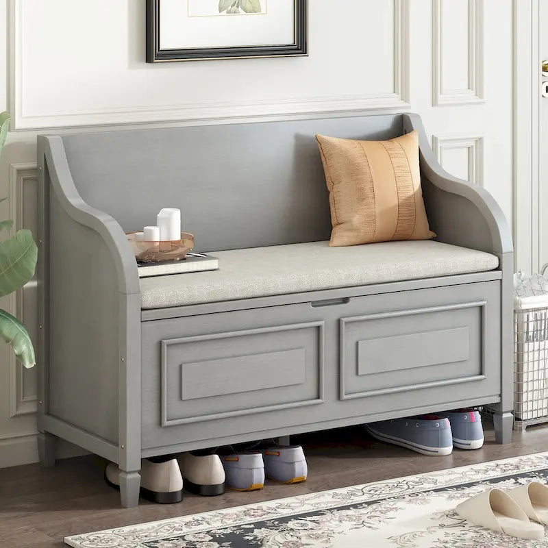 Banc de rangement d'entrée en bois style rustique avec compartiment caché et siège rembourré