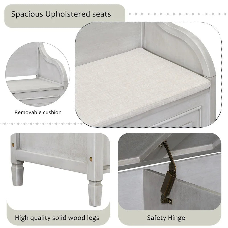 Banc de rangement d'entrée en bois style rustique avec compartiment caché et siège rembourré