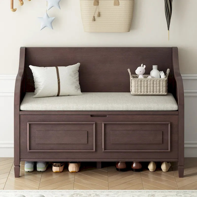 Banc de rangement d'entrée en bois style rustique avec compartiment caché et siège rembourré
