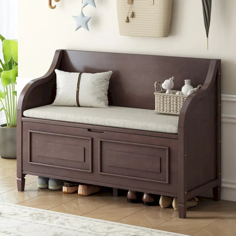 Banc de rangement d'entrée en bois style rustique avec compartiment caché et siège rembourré