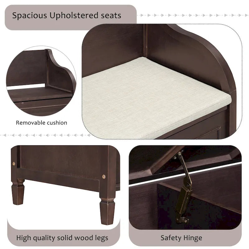 Banc de rangement d'entrée en bois style rustique avec compartiment caché et siège rembourré