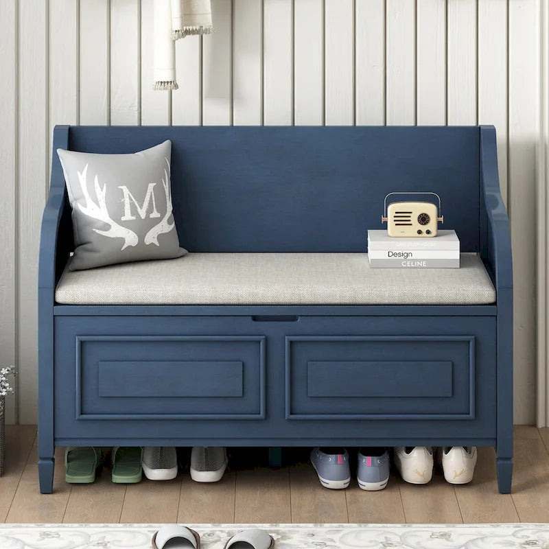 Banc de rangement d'entrée en bois style rustique avec compartiment caché et siège rembourré