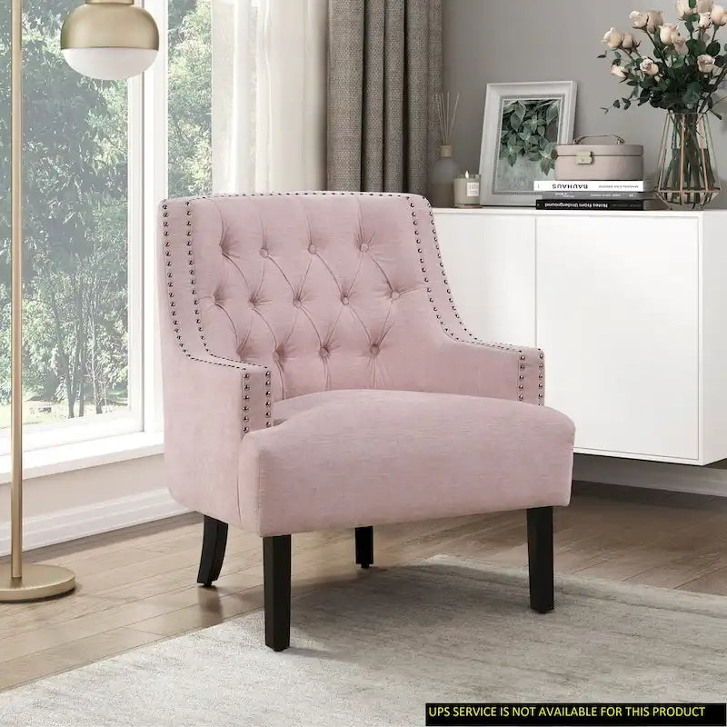 Fauteuil d'appoint capitonné avec garniture cloutée et pieds en bois massif