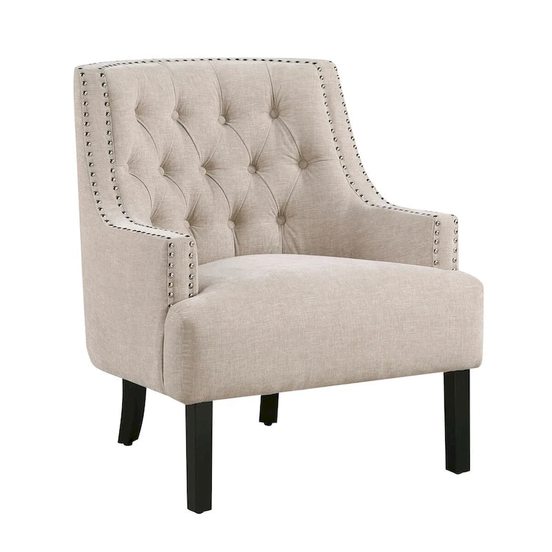 Fauteuil d'appoint capitonné avec garniture cloutée et pieds en bois massif