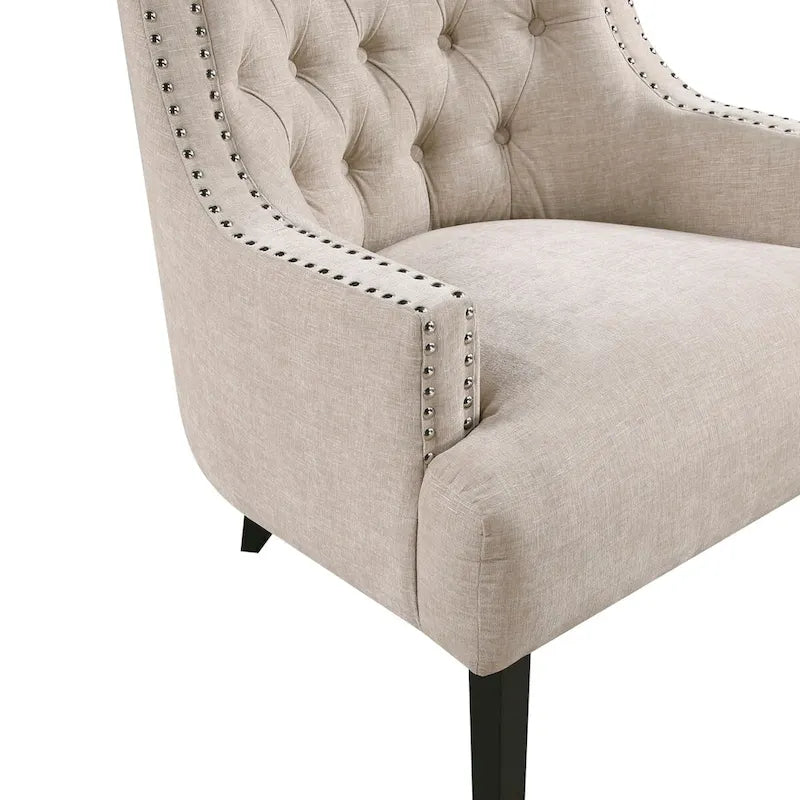 Fauteuil d'appoint capitonné avec garniture cloutée et pieds en bois massif