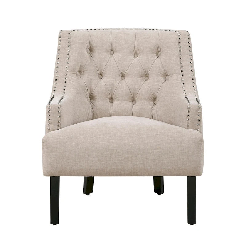 Fauteuil d'appoint capitonné avec garniture cloutée et pieds en bois massif