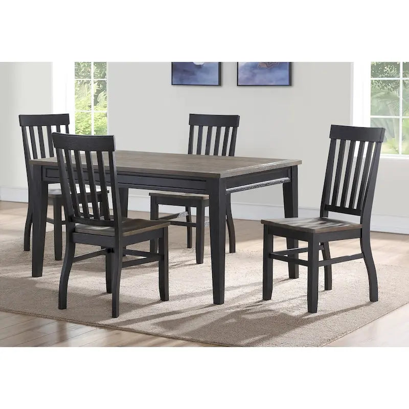 Table de salle à manger de style ferme en bois massif bicolore ébène et bois flotté avec plateau en billot