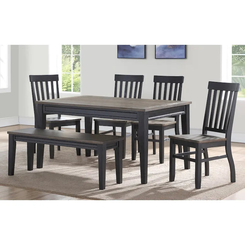 Table de salle à manger de style ferme en bois massif bicolore ébène et bois flotté avec plateau en billot