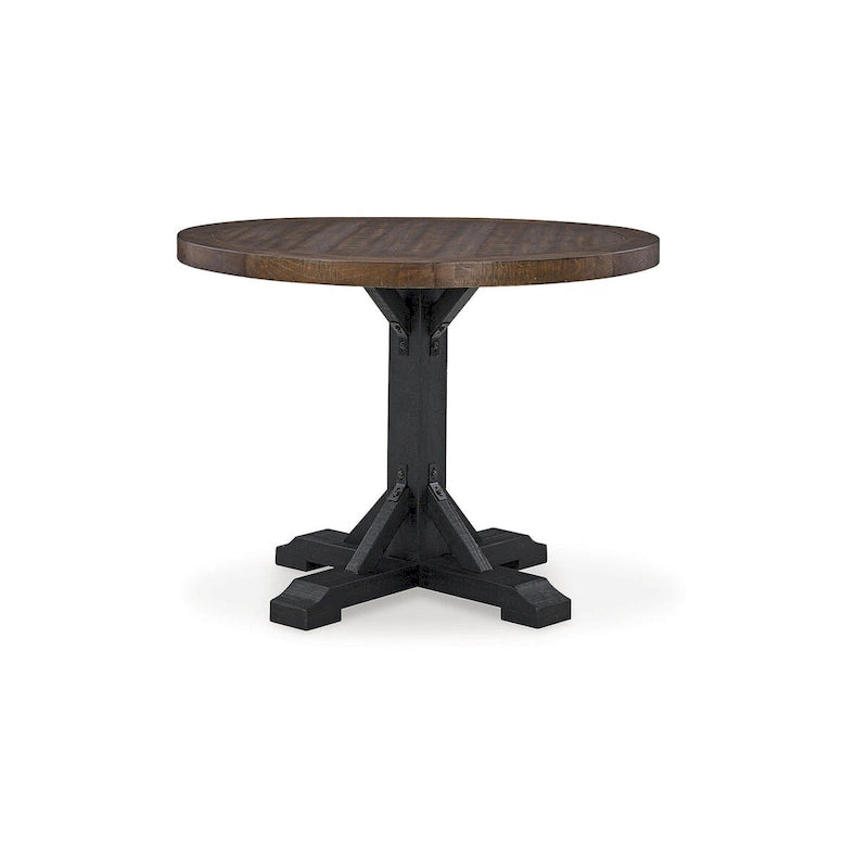 Table de salle à manger ronde à hauteur de comptoir, base noire, plateau marron rustique