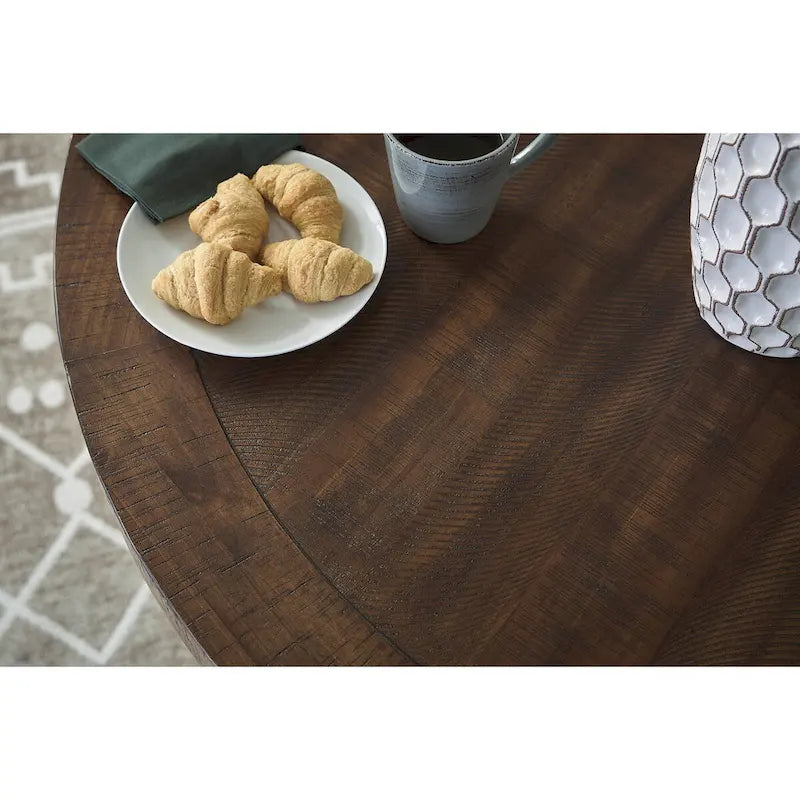 Table de salle à manger ronde à hauteur de comptoir, base noire, plateau marron rustique